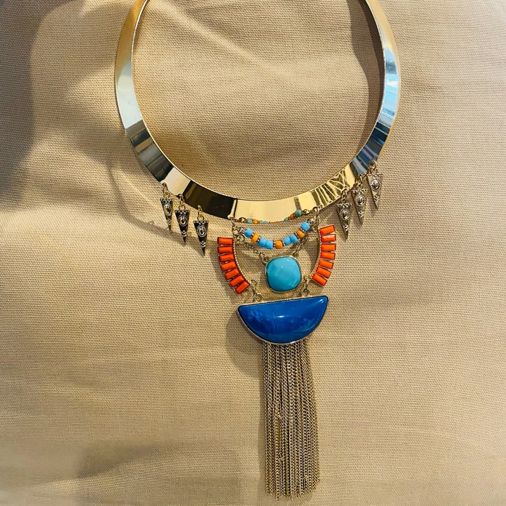 Turquoise, orange colored stones with gold toned metal necklace